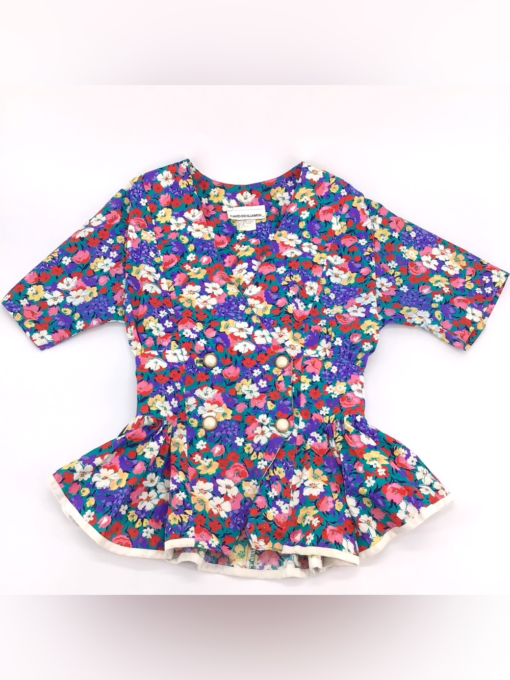 Vintage David Benjamin Floral Print Pleated 80s Blouse Shoulder Pads Sz 8